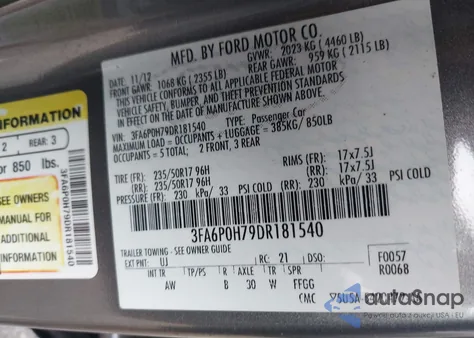 2013 Ford Fusion Se из США, поврежденный, VIN 3FA6P0H79DR181540